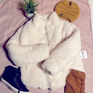 Miss Selfie sherpa plush bomber teddy jacket.